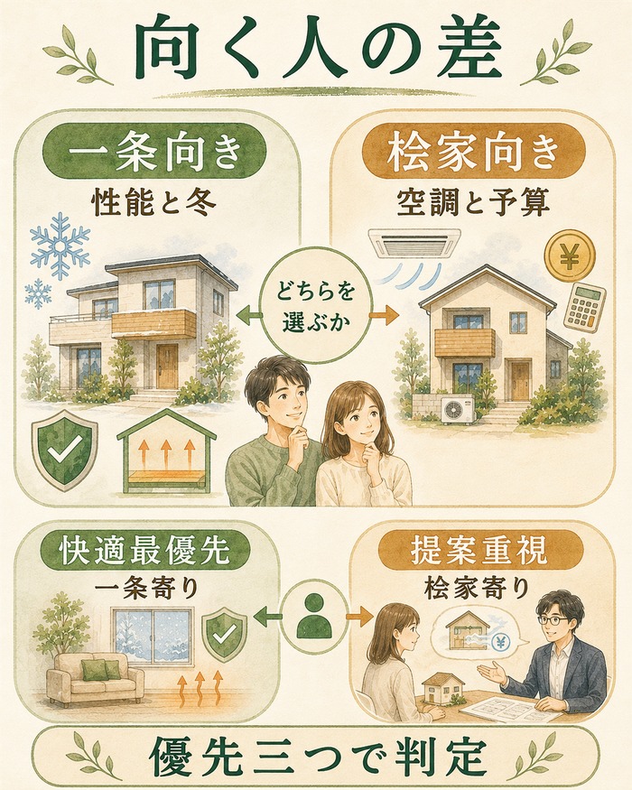 床暖房とZ空調の違いを、足元の暖かさ・温度差・冬重視・通年重視で比較したインフォグラフィック。