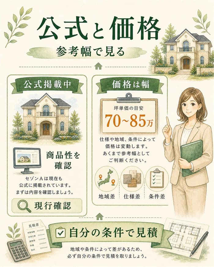 セゾンAの公式掲載と坪単価の参考幅を整理した図解