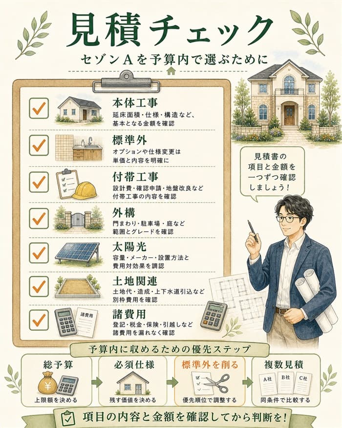 セゾンAの見積書で確認する費用項目チェック図
