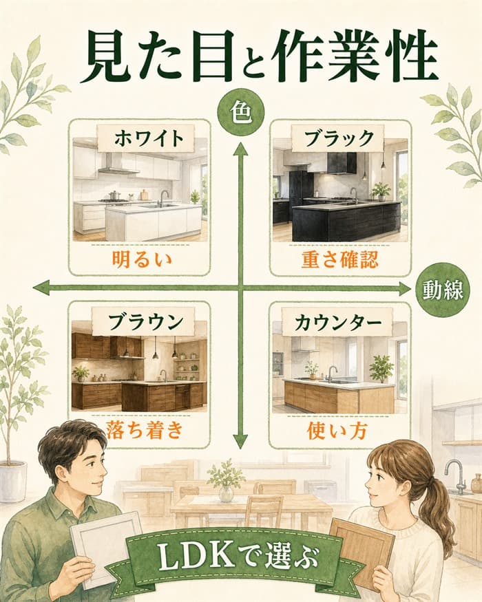 スマートキッチンの見た目と作業性を2軸で見る図解