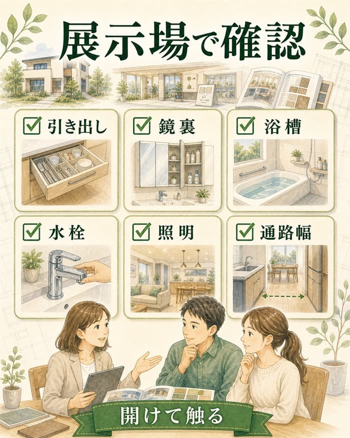 展示場でスマート設備を開けて触って確認する図解