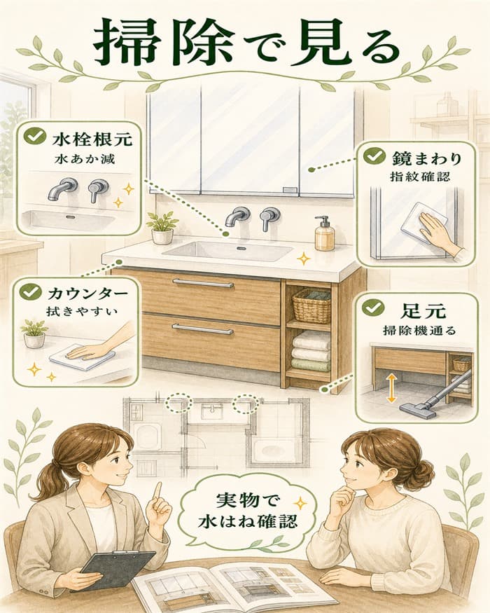 水栓やカウンターなど掃除しやすさを確認する図解