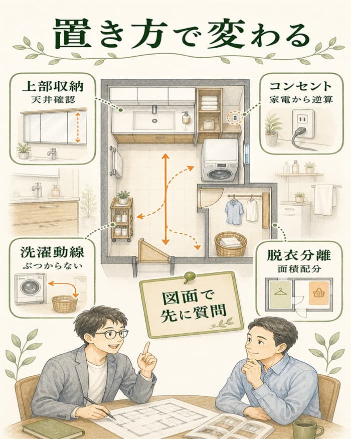 上部収納やコンセントを間取りで先に確認する図解