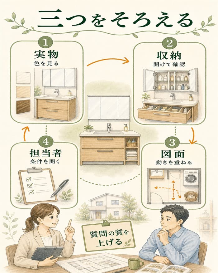 採用前に実物・図面・担当者確認をそろえる手順図
