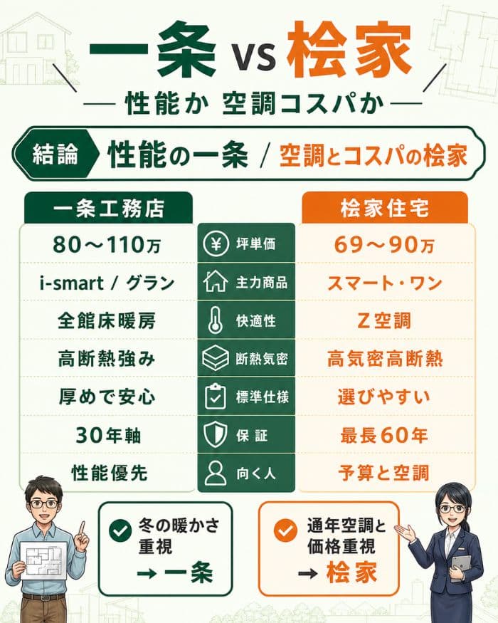 一条工務店と桧家住宅の性能・価格・空調比較表