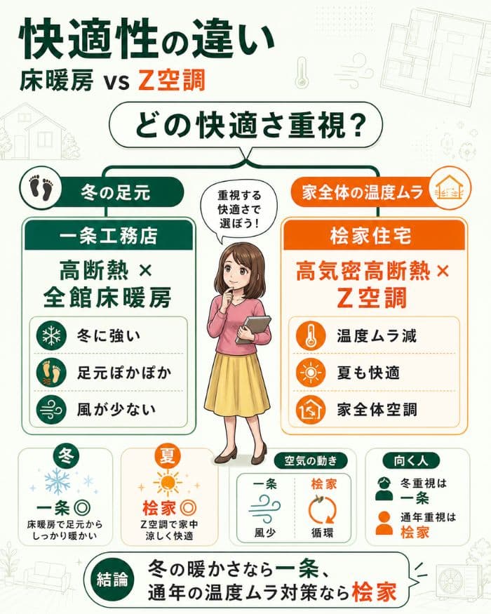 床暖房とZ空調の快適性の違いを比較した図