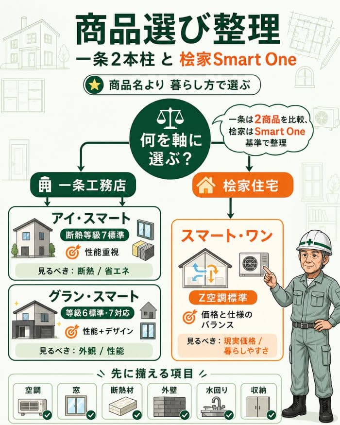 一条工務店と桧家住宅の商品選び整理図