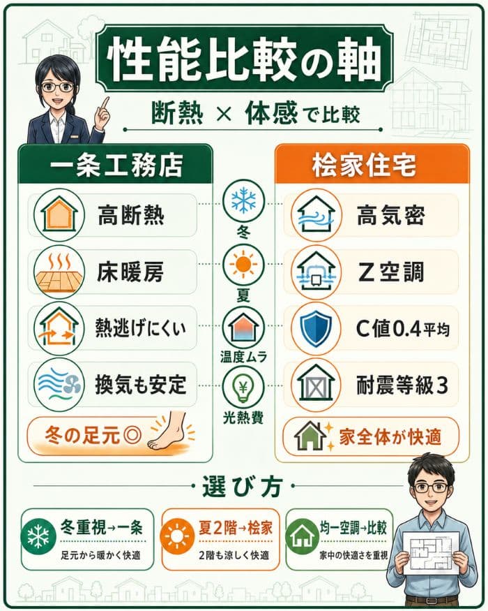一条工務店と桧家住宅の性能比較軸を示す図解