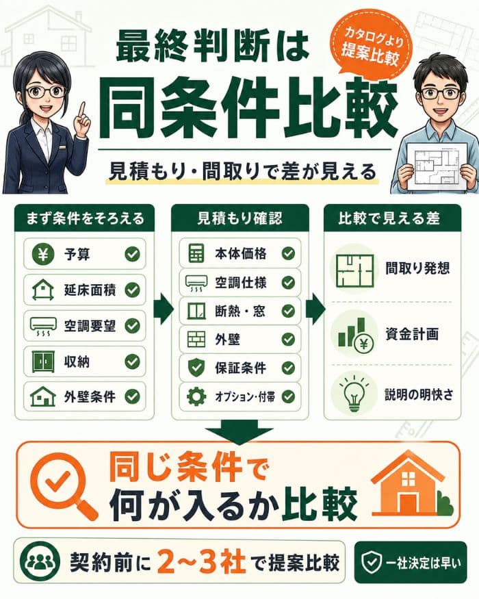 同条件で見積もりと間取りを比較する重要性を示す図解