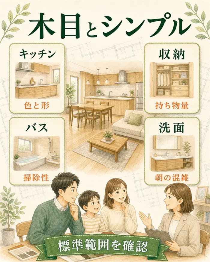 ラシックシリーズの木目感と主要設備を整理した図解