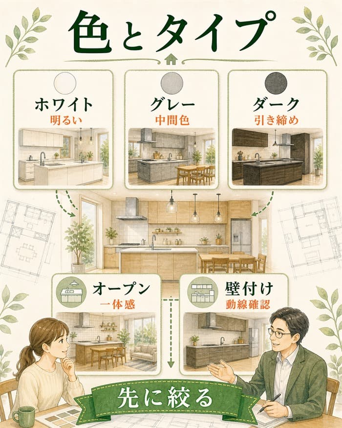 ラシックキッチンの色とタイプを先に絞る判断図解
