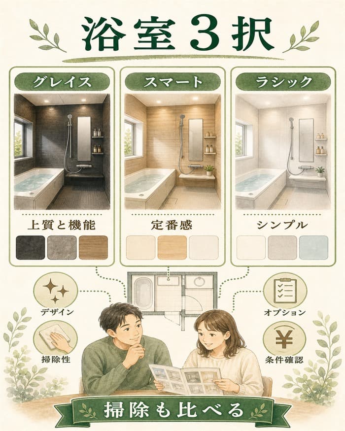 一条工務店のお風呂3シリーズを特徴別に比較した図解
