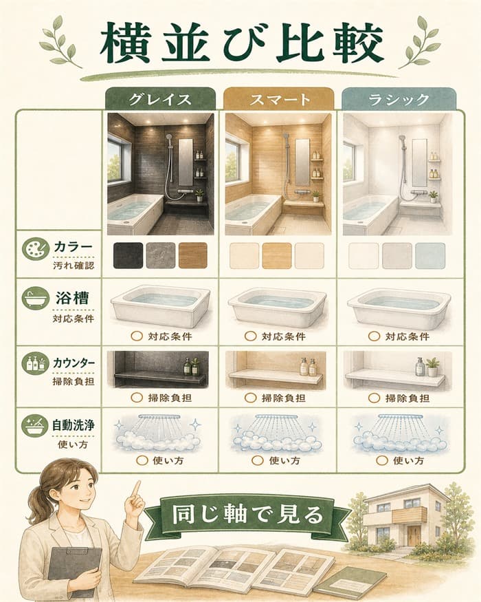 浴室シリーズを同じ比較軸で横並びにした図解