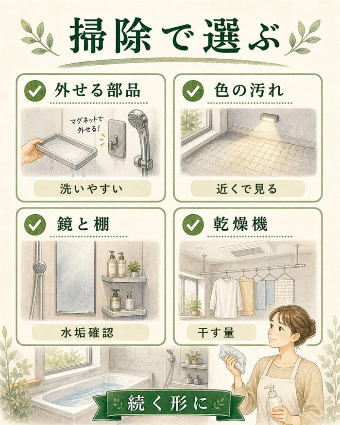 掃除しやすい浴室を選ぶ確認項目の図解