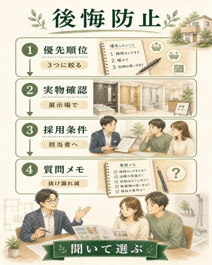 お風呂選びで後悔を減らす打ち合わせ手順の図解