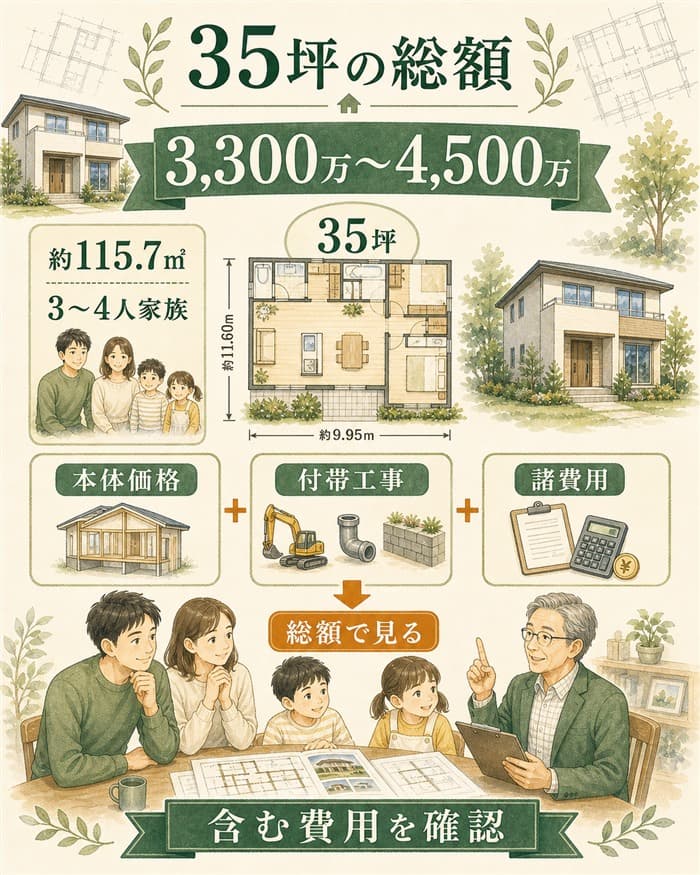 一条工務店35坪の総額レンジと費用内訳を示した住宅図解