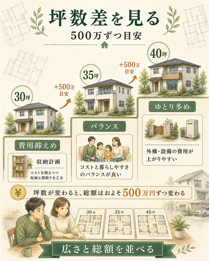 30坪35坪40坪の総額差を段階的に比較した住宅費用図解
