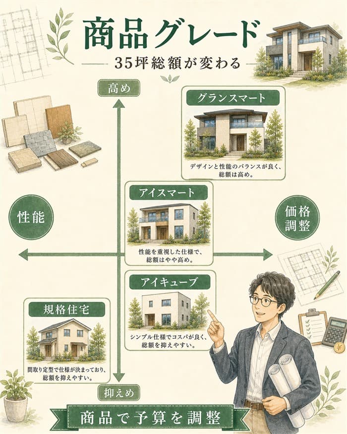 35坪総額が商品グレードで変わる位置関係を示した図解