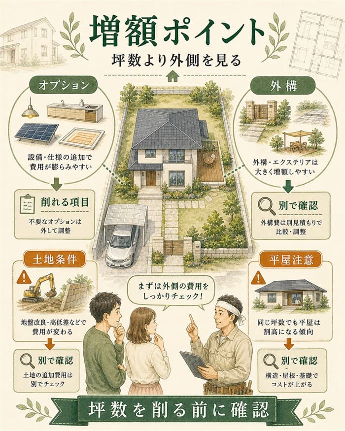 オプションと外構で総額が上がる要因を整理した住宅図解