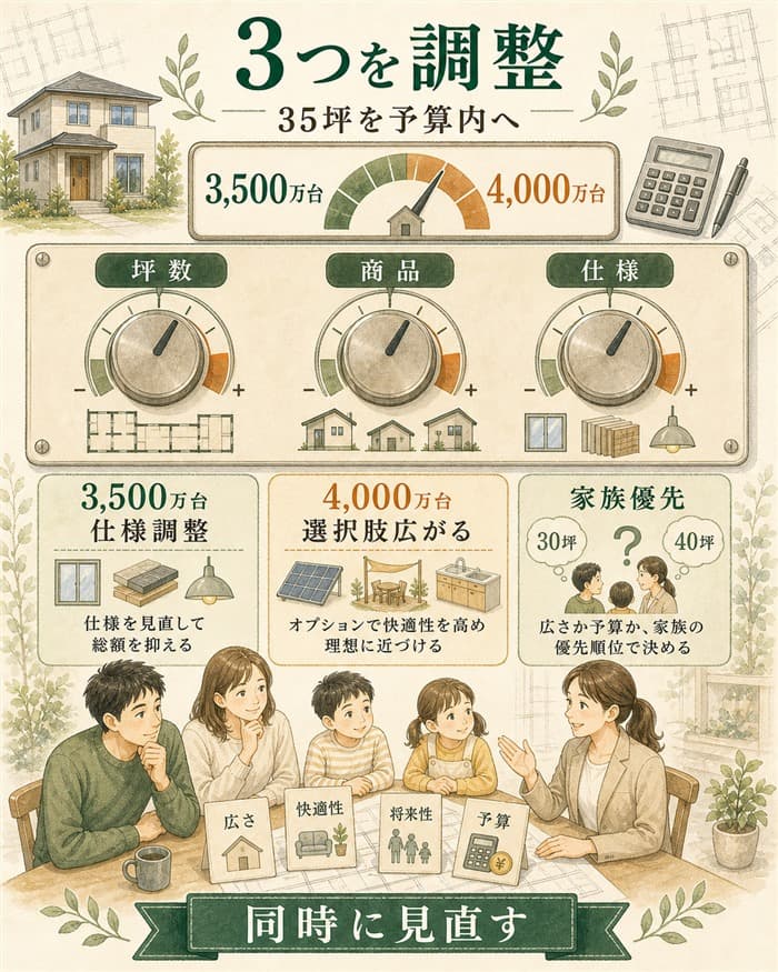 坪数商品仕様を同時に調整して予算内へ収める図解