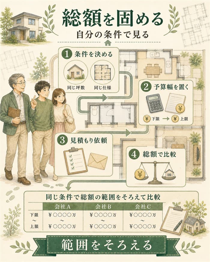 自分の条件で総額を固める見積もり手順を示した図解