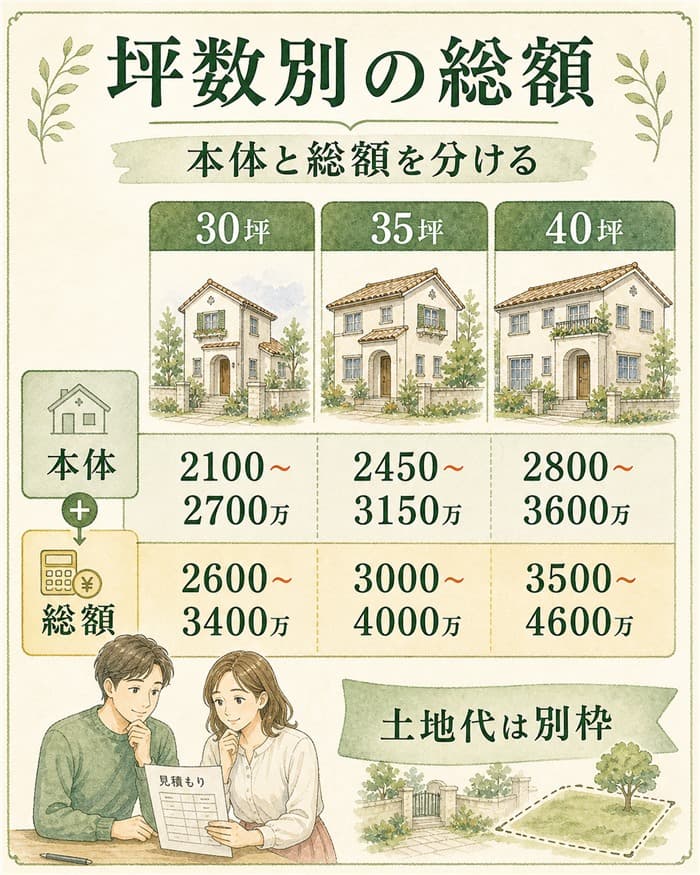 30坪35坪40坪の本体価格と総額を比べる図解