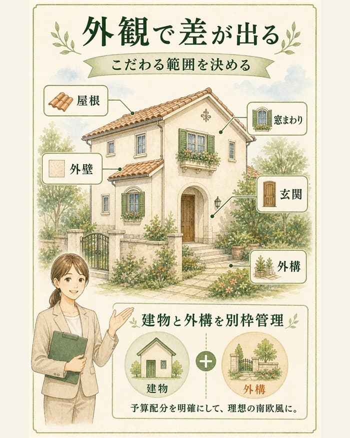 南欧風外観で費用差が出る屋根外構の確認図