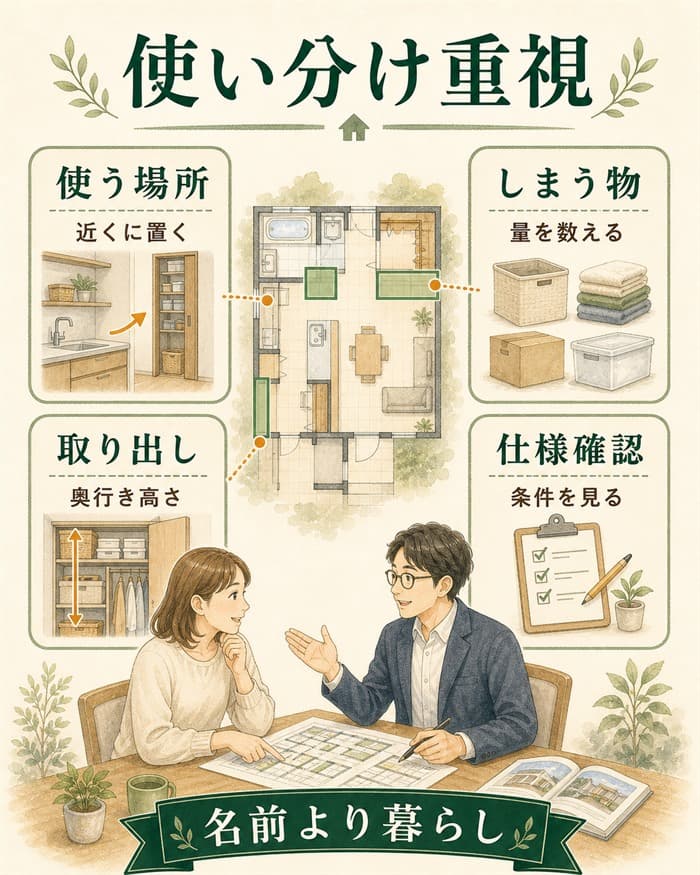 一条工務店の収納を使う場所で選ぶ考え方の図解