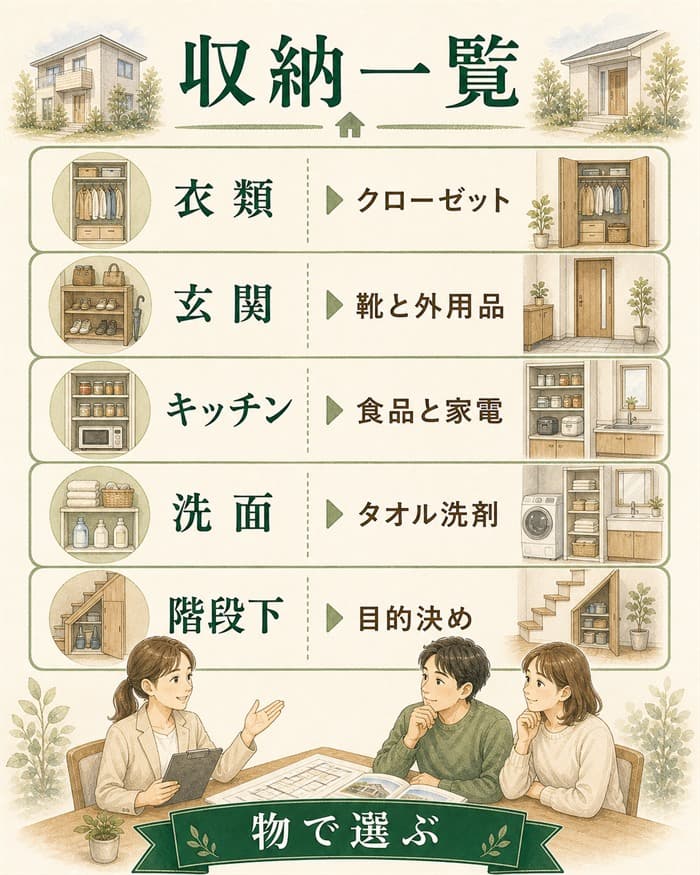 衣類や玄関など主要収納設備を用途別に整理した図解