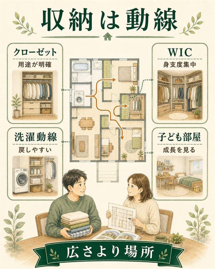 クローゼットとWICを動線で選ぶ収納計画図解