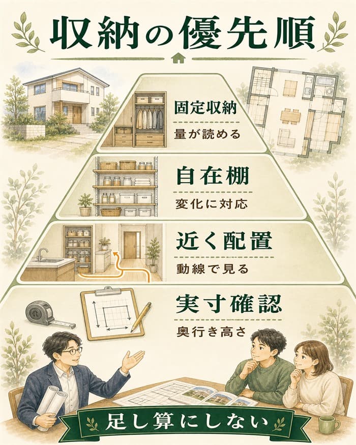 一条工務店の収納採用優先順位を示した階層図解