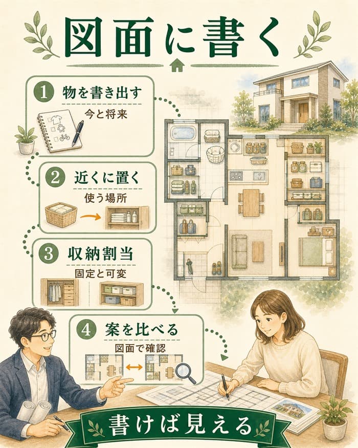 間取り図に収納物を書き込む手順を示した図解