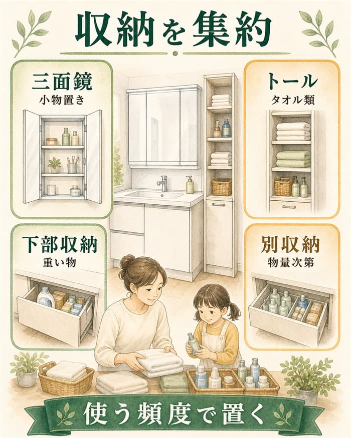 洗面台まわりに収納を集約する考え方の図解