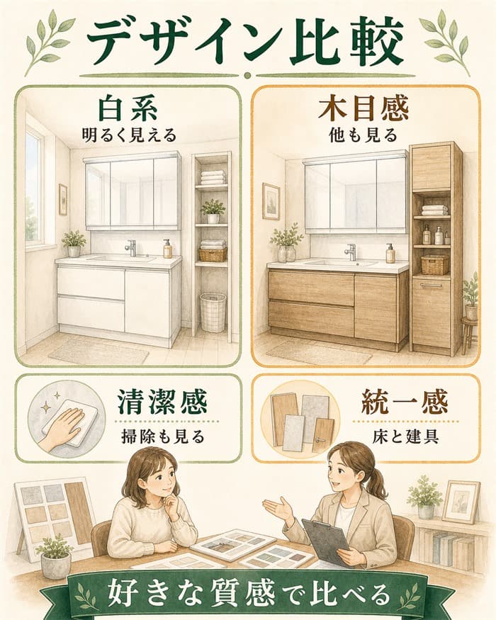 白系デザインと木目感を比較する洗面台選びの図解