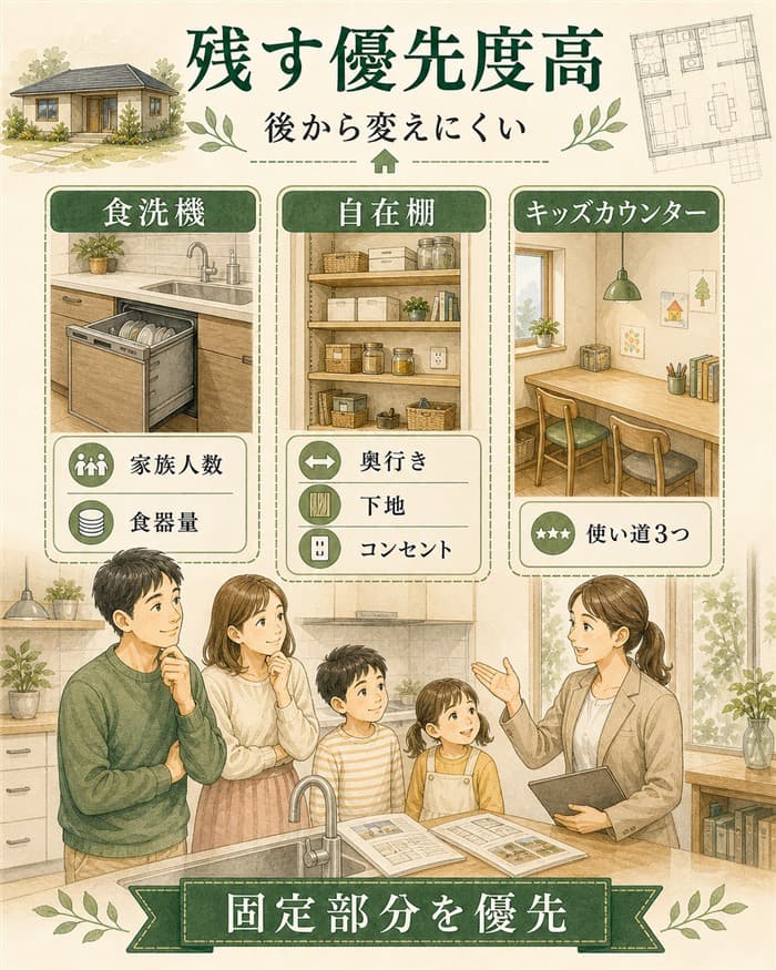 後から変えにくい食洗機や棚などの優先度を示した図解