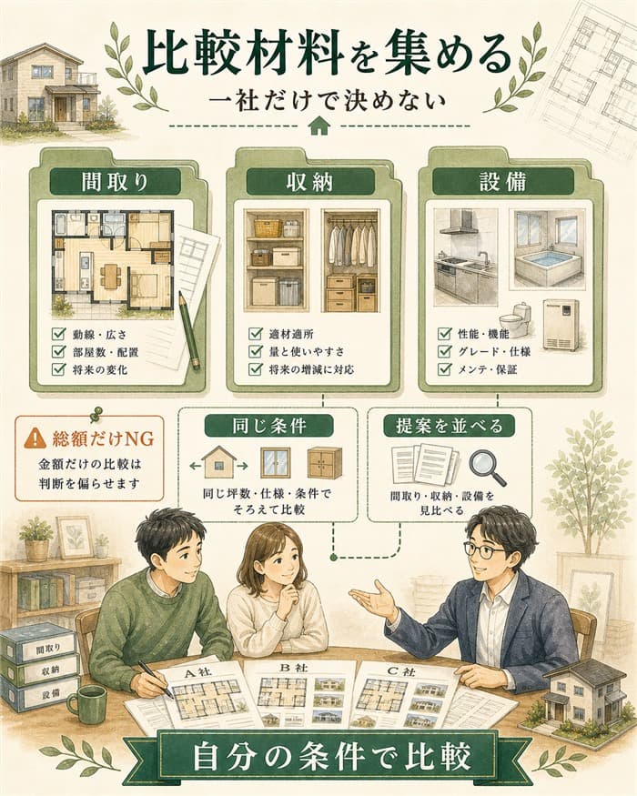 一社だけでなく間取り収納設備を比較する材料整理図解