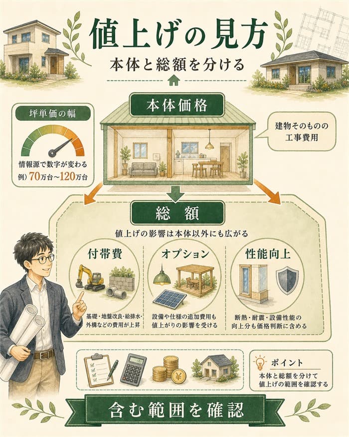 値上げ情報を本体価格と総額への影響で分けた図解