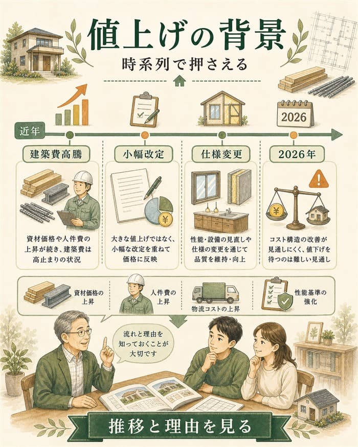 値上げ推移と建築費高騰などの背景を時系列で示した図解