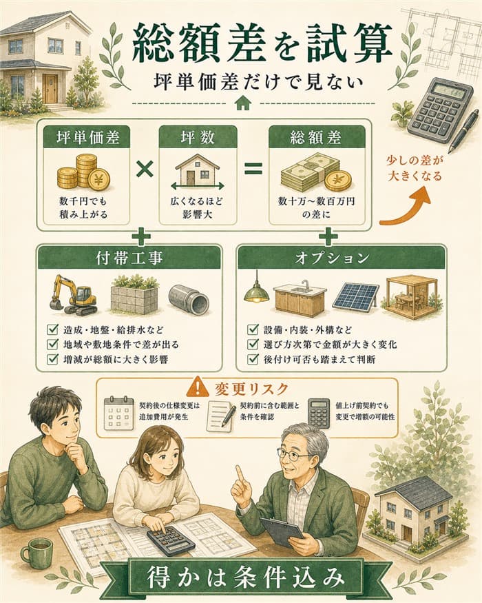 坪単価差と付帯工事オプションを含め総額差を試算する図解