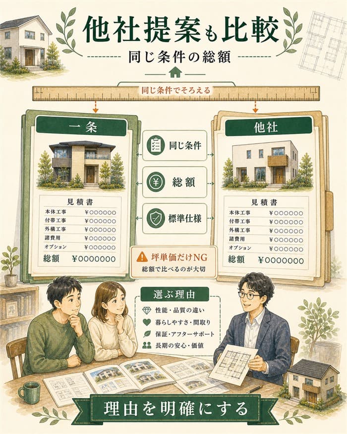 一条工務店と他社提案を同じ条件の総額で比較する図解
