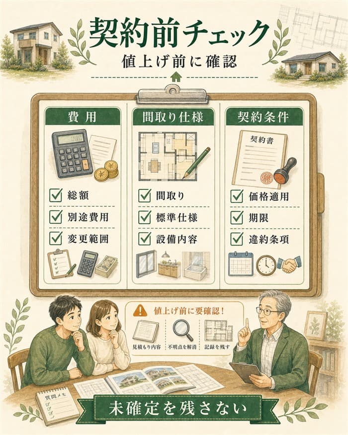 値上げ前契約で費用間取り契約条件を確認するチェック図解