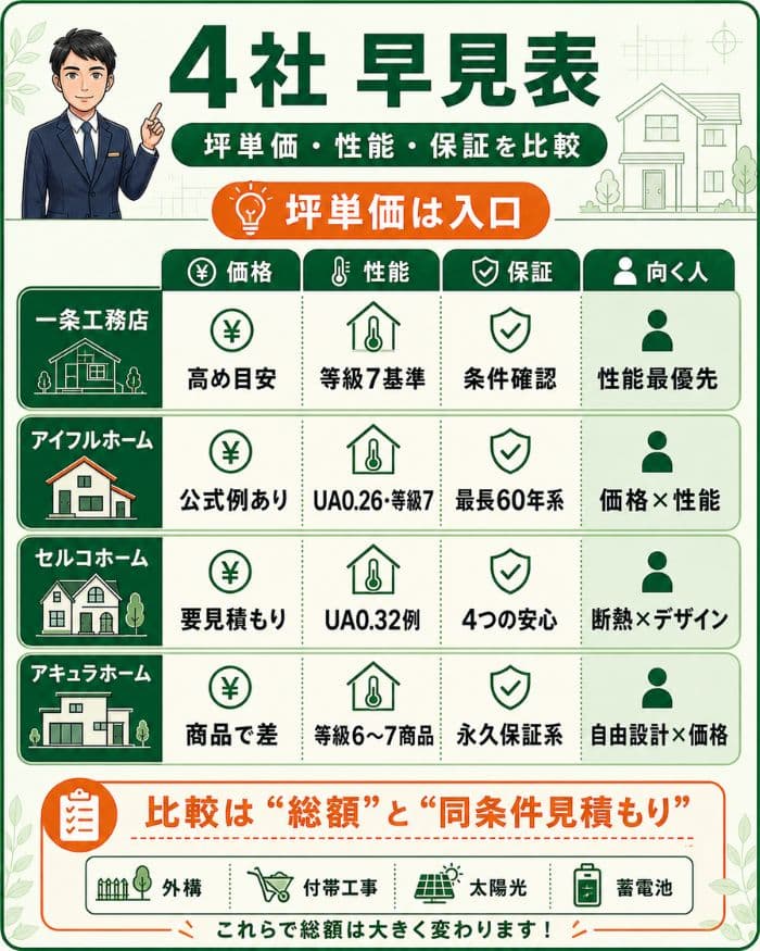 4社の坪単価・性能・保証を早見表で比較