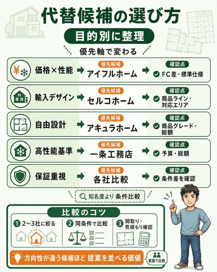 一条工務店の代替候補を目的別に選ぶ比較表
