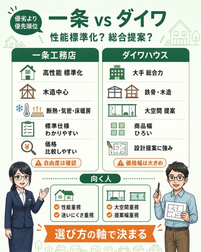 一条工務店とダイワハウスの特徴比較図
