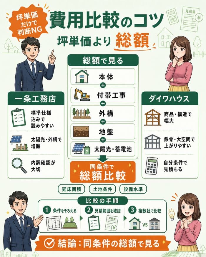 坪単価より総額で見る費用比較の図解