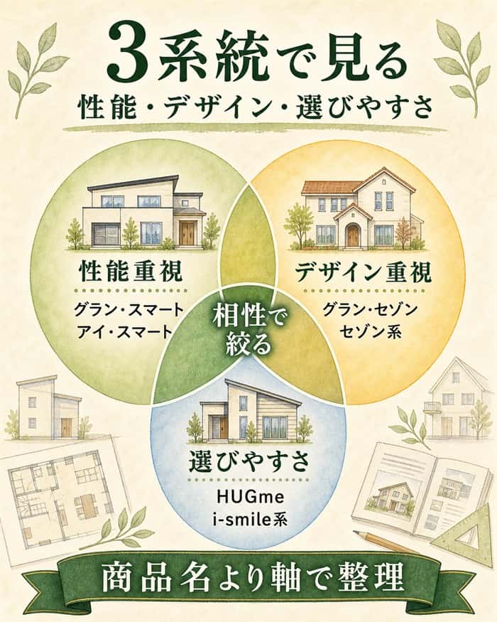 一条工務店の商品を性能やデザインなど3系統で整理した図解
