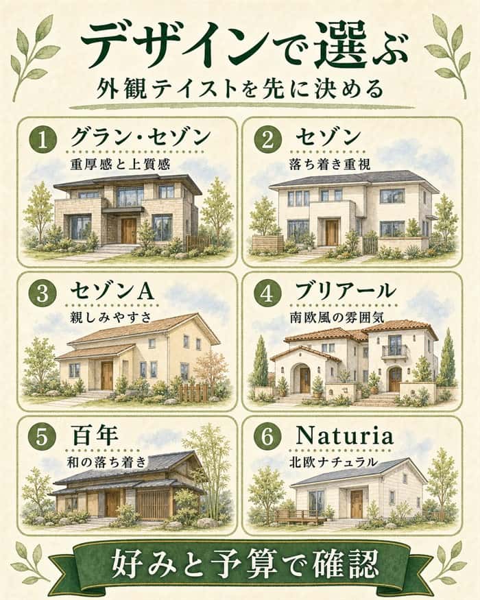 デザイン重視で選ぶ一条工務店の商品候補を整理した図解
