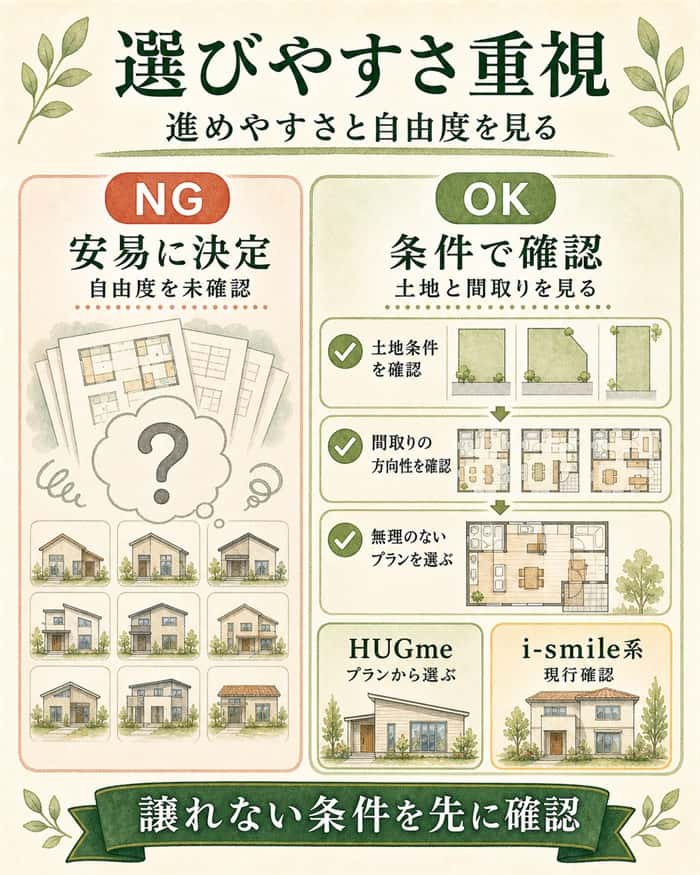 HUGme系とi-smile系の選びやすさと注意点を示す図解