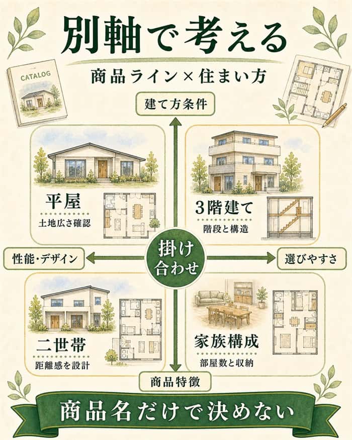 商品ラインと平屋などの建て方を別軸で考える図解