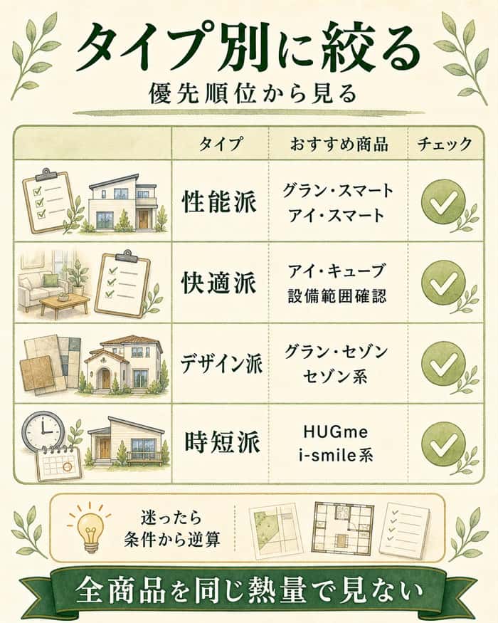 優先タイプ別に見るべき一条工務店の商品を整理した表